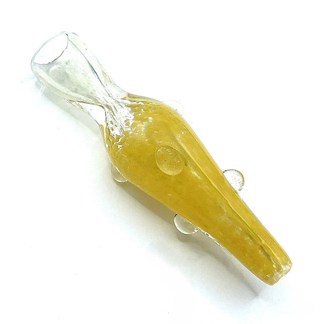 Yellow glass chillum pipe with clear mouthpiece shown diagonally on a pure white background