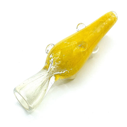 Angled view of yellow glass chillum pipe showing the clear mouthpiece and bright yellow glass body on a pure white background
