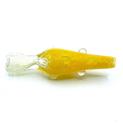 Side view of yellow glass chillum pipe with clear mouthpiece and raised grip accents on a pure white background