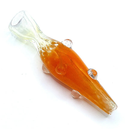 Orange glass chillum pipe with clear mouthpiece shown diagonally on a pure white background