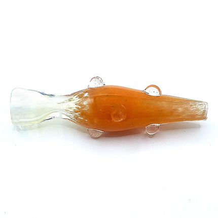 Side view of orange glass chillum pipe with clear mouthpiece and smooth orange glass body on a pure white background