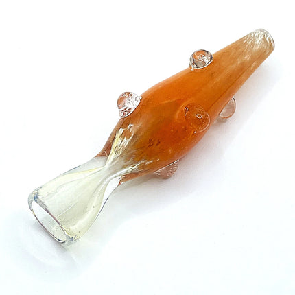 Angled view of orange glass chillum pipe showing clear mouthpiece, orange body, and raised dot grip accents on a pure white background