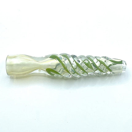 Side profile of green spiral glass chillum pipe with clear mouthpiece and textured twisted accents on a pure white background