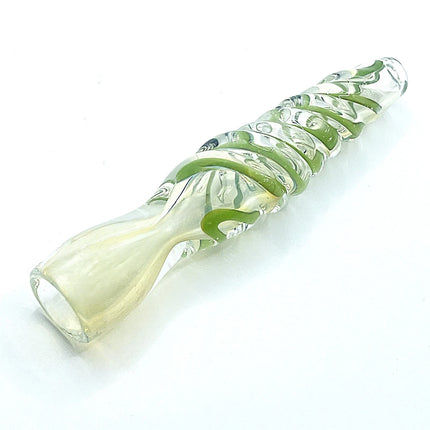 Angled view of green spiral glass chillum pipe with clear mouthpiece and twisted body design on a pure white background