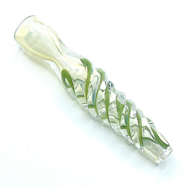 Green spiral glass chillum pipe with clear mouthpiece shown diagonally on a pure white background
