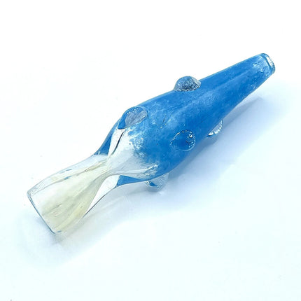 Angled view of blue glass chillum pipe showing clear mouthpiece and blue textured glass body on a pure white background