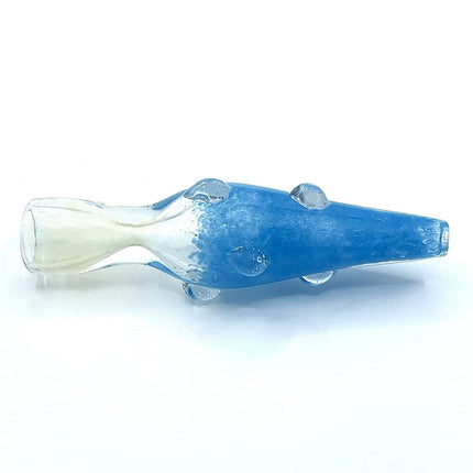Side view of blue glass chillum pipe with clear mouthpiece and textured body on a pure white background