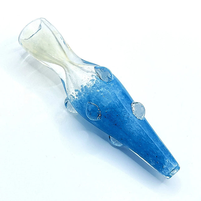 Blue glass chillum pipe with clear mouthpiece shown diagonally on a pure white background