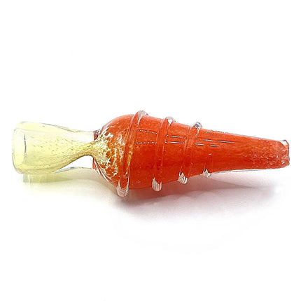 A glass water pipe or bong with a translucent orange-red body and a pale yellow-green bowl, shown on a plain white background.