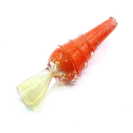 A handmade glass water pipe or bong with a bright orange-red ribbed body and a pale yellow translucent bowl, shown on a white background.
