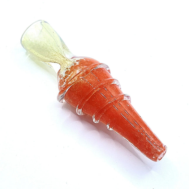 A glass water pipe or banger with a textured orange-red body and a translucent pale green mouthpiece, shown on a plain white background.