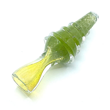 Side profile of the olive green ribbed glass chillum showing the tapered body and soft yellow mouthpiece against a clean white backdrop.