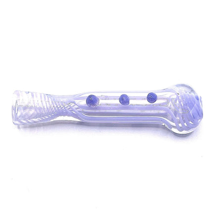 Side profile of a compact lavender one hitter chillum pipe with dot grip details