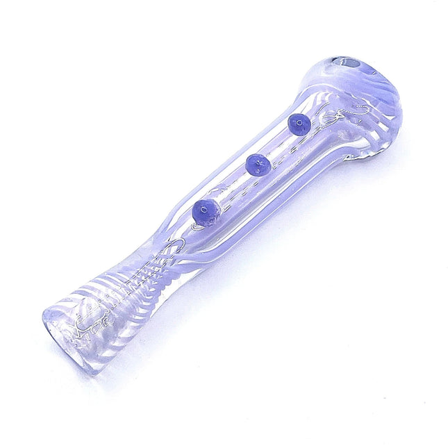 Front angle view of a 3 inch lavender glass chillum pipe with raised purple grip dots on white background
