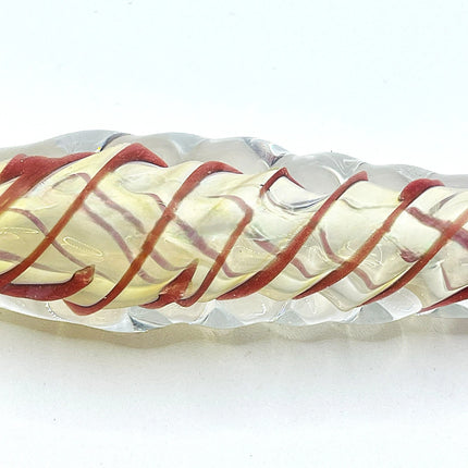 Horizontal side profile highlighting the slim shape and evenly spaced red and yellow wrap pattern.