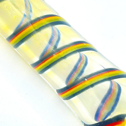 Close-up detail of the colorful spiral ribbons crossing over the clear glass center section