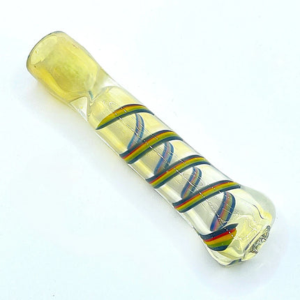 Angled product view showing the transparent chillum and intertwined blue yellow red and green ribbon design