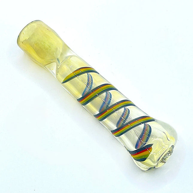 Angled product view showing the transparent chillum and intertwined blue yellow red and green ribbon design