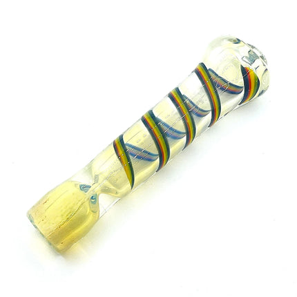 Reverse diagonal view showing the flared mouthpiece tapered tip and multicolor ribbon accents along the body