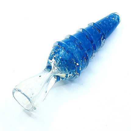 Reverse product angle emphasizing the flared pale mouthpiece and layered blue glass texture