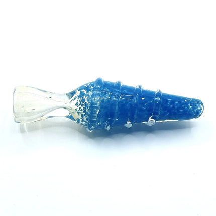Low side angle showing the compact 3-inch shape, raised ribbed grip, and tapered blue tip