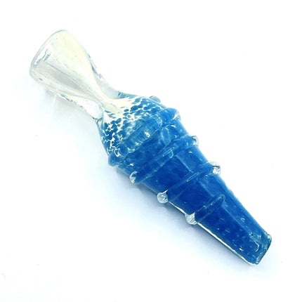 Diagonal studio view highlighting the vivid blue textured body and translucent mouth opening