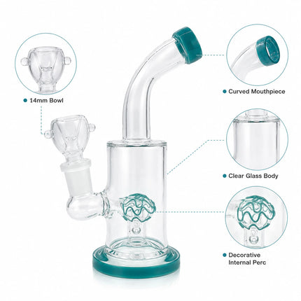 Infographic view showing the curved neck 14mm joint teal accents and dome perc details of the 6-inch mini bong