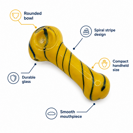Yellow striped glass spoon hand pipe infographic highlighting bowl carb hole and mouthpiece